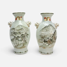 Pair Antique 19thC Japanese Porcelain Arita Vases w/Foo Dog Handles