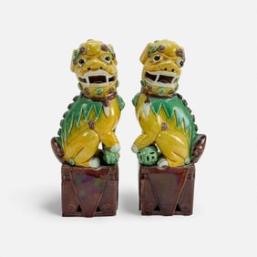 Pair Old Chinese Sancai  Foo Dog Ceramic Sculptures