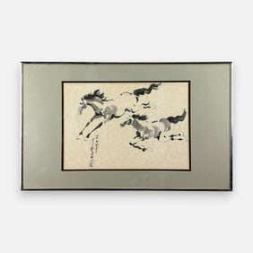 Xu Beihong (after) Chinese Painting of Galloping Horses Framed Under Glass