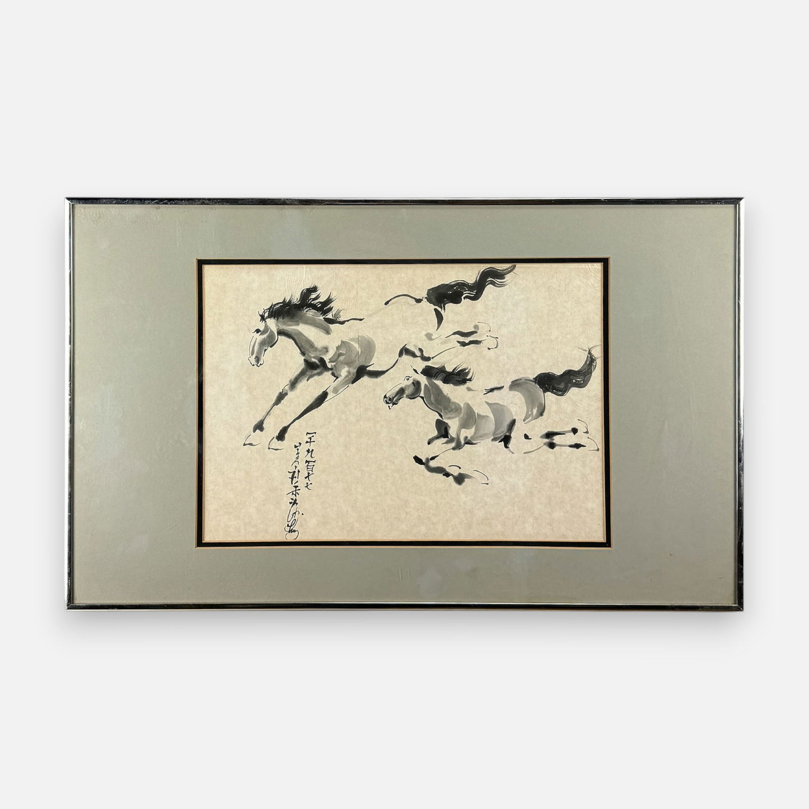 Xu Beihong (after) Chinese Painting of Galloping Horses Framed Under Glass (1 of 6)