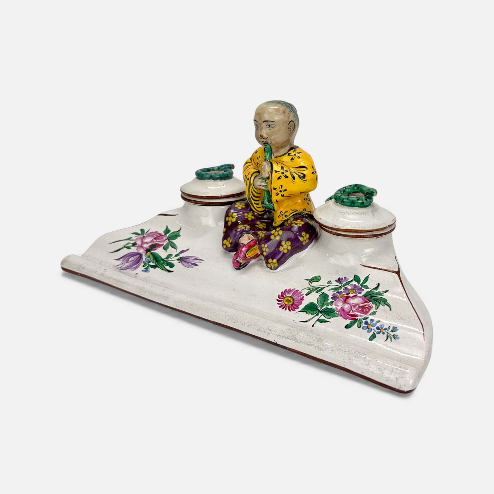 French Faience Chinoiserie Polychrome Painted Snake Charmer Inkwell (1 of 12)