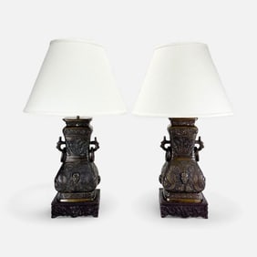 Pair Archaic Style Chinese Bronze Hu Vessel Lamps