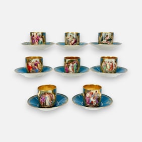 Royal Vienna Demitasse Hand-Painted Scenic Porcelain Cups and Saucers Set of Eight