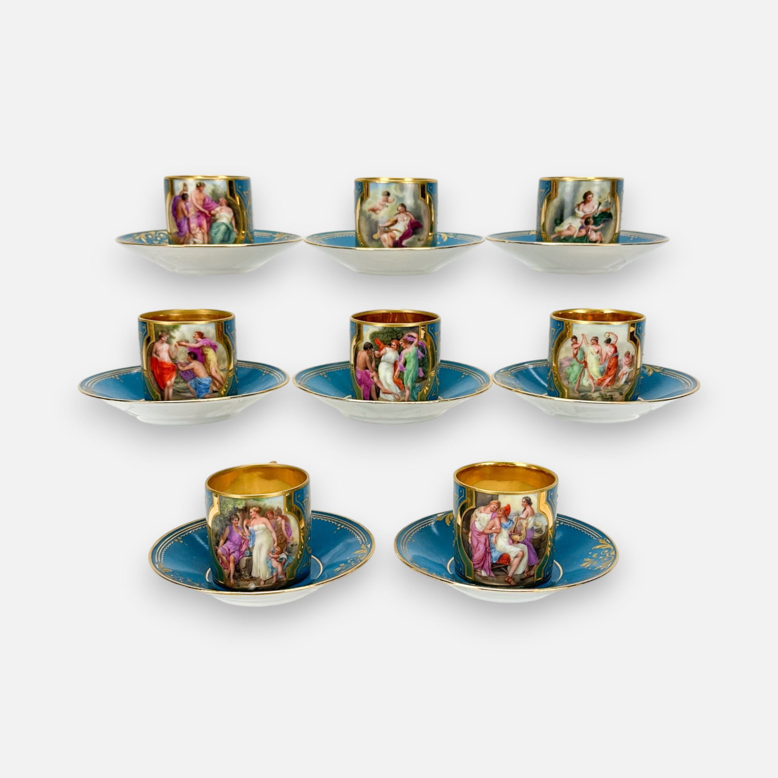 Royal Vienna Demitasse Hand-Painted Scenic Porcelain Cups and Saucers Set of Eight: Ca. late 19th to early 20thC. Saucers measure approx. 4 1/2" wide. Cups measure approx. 2" x 2 1/2" x 2". Very good, with minor paint loss. No chips, cracks, or repairs. For shipping, we highly recomm