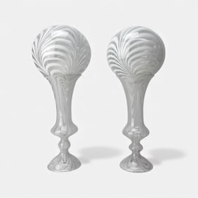 American Pair Antique 19thC Marbrie Loop Glass Vases and Witch Balls