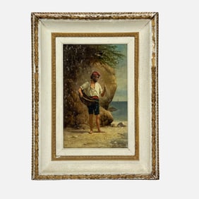 Artist Signed Antique Neapolitan Fisherman Oil on Canvas Painting Framed