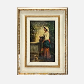Artist Signed Antique Neapolitan Woman at the Well Oil on Canvas Painting Framed