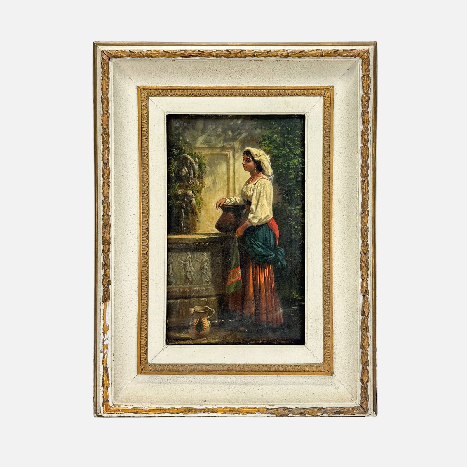 Artist Signed Antique Neapolitan Woman at the Well Oil on Canvas Painting Framed (1 of 8)
