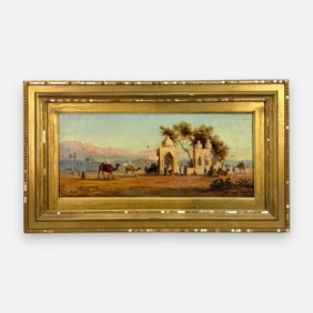 Artist Signed Caravan Resting at Well in Thebes Antique Orientalist Oil on Canvas Painting Framed