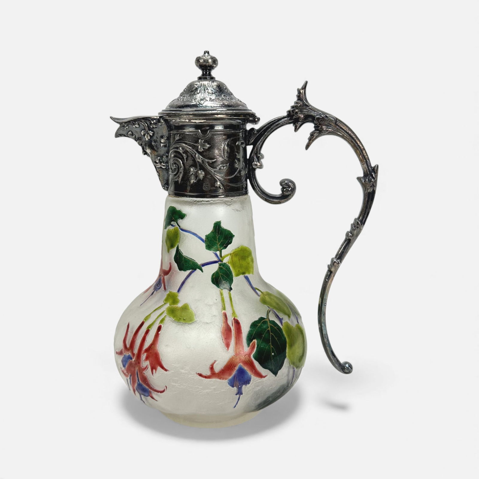 French Art Nouveau Carved Cameo Art Glass & Silverplate Claret Decanter Pitcher (1 of 13)