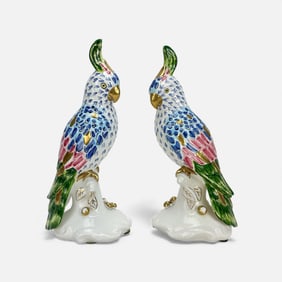 Pair Contemporary Chelsea House Italian Porcelain Cockatoo Bird Sculptures