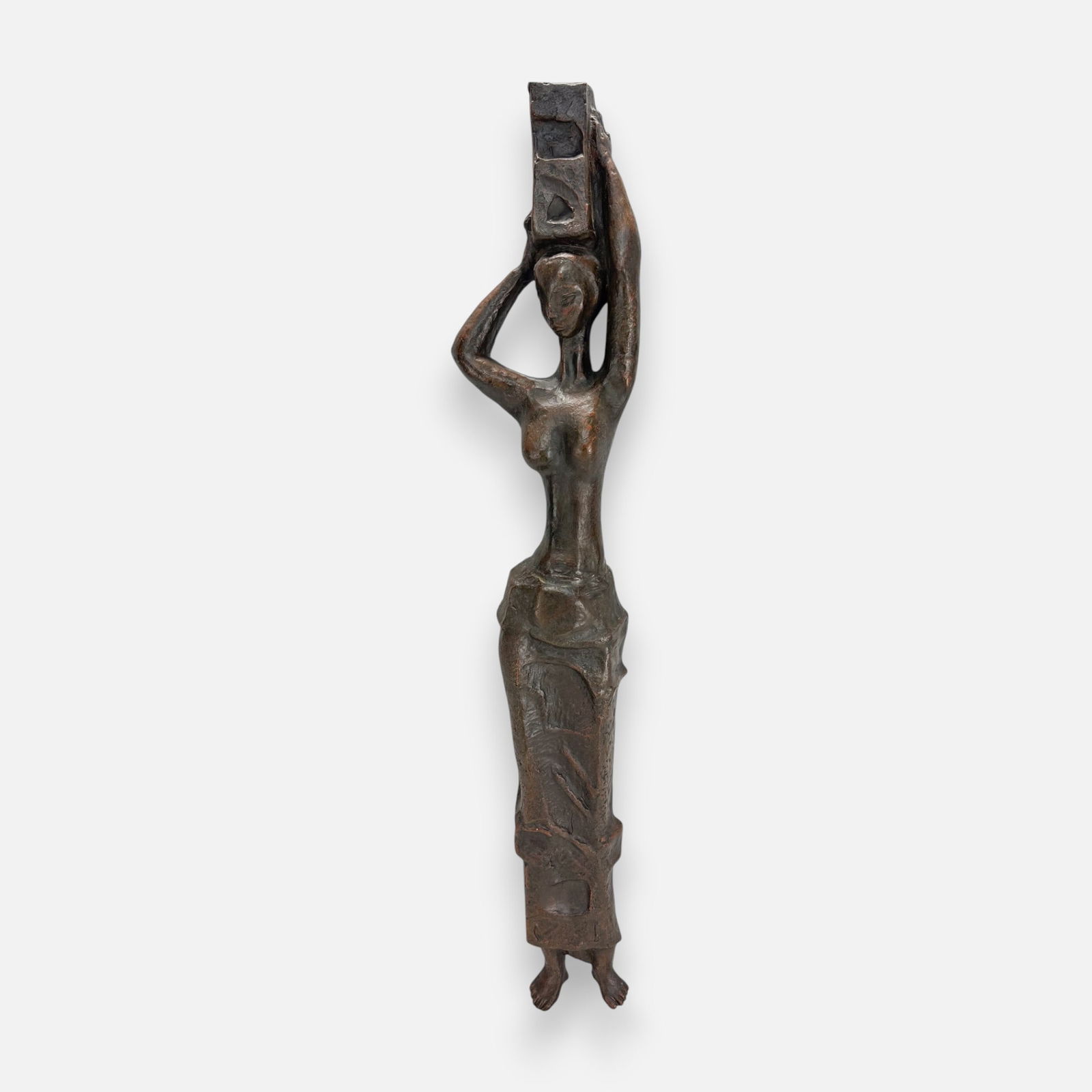 Artist Signed Terra Cotta MCM Wall Hung Sculpture of Woman Balancing Object on Head (1 of 5)