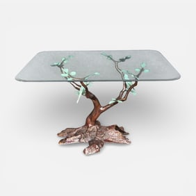 Contemporary Cast Bronze Sculptural Table w/Cockatoos in a Tree w/Beveled Glass Top