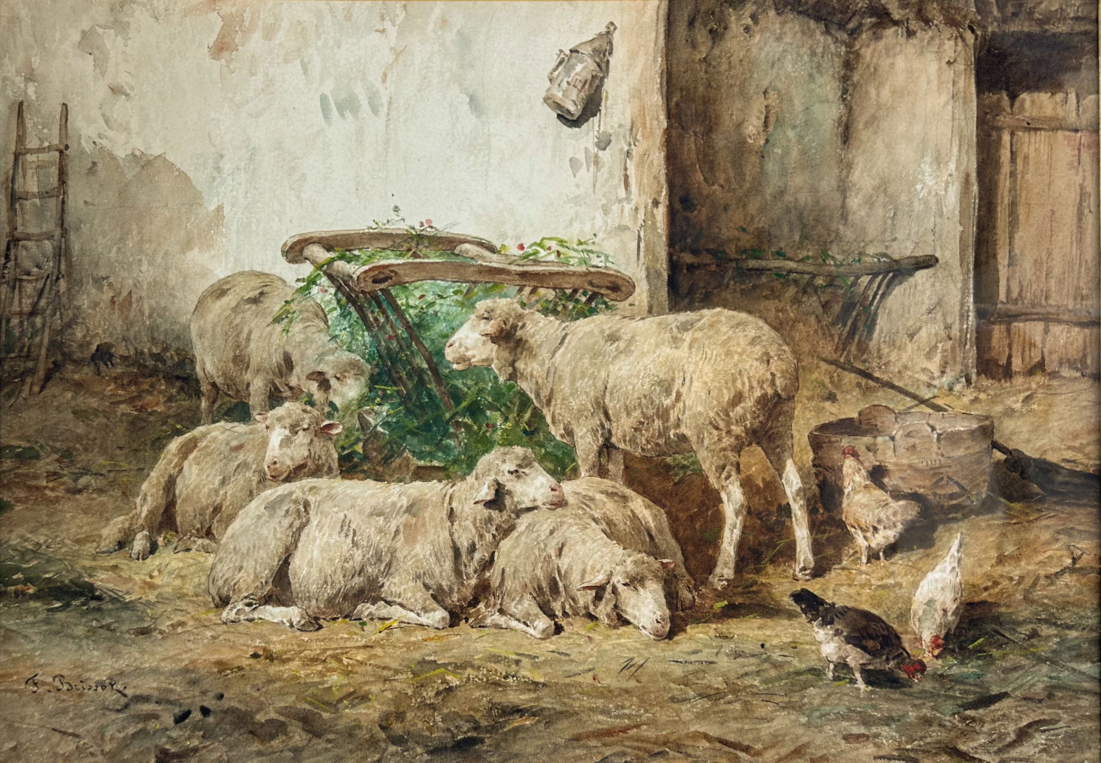 Franck Brissot Antique 19thC Sheep and Roosters Watercolor on Paper Framed Painting (1 of 6)