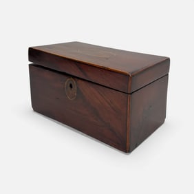 Antique 19thC Inlaid Walnut Wood American Hinged Lid Two-Compartment Tea Caddy Box