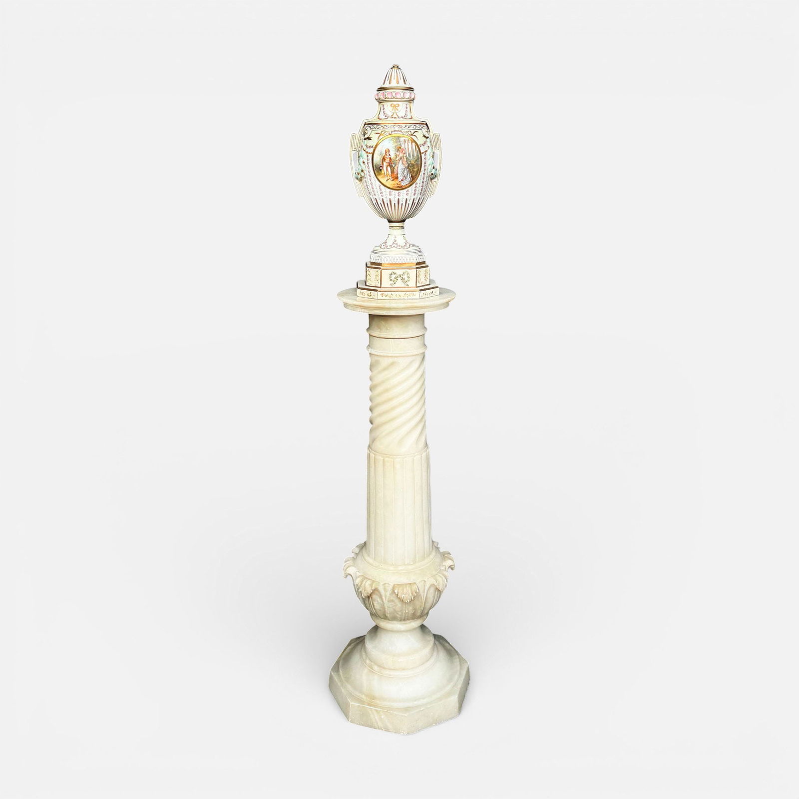 Sevres Style Porcelain Urn w/Tall Carved Alabaster Twist Column Plant/Statue Stand (1 of 7)
