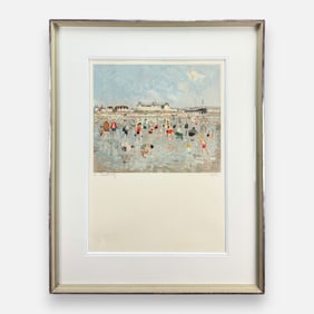 Andre Hambourg "Beach Scene in Trouville" Lithograph Large Framed Print