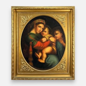 "Madonna della Seggiola" Madonna and Child Large Oil on Canvas Gilt Framed Painting