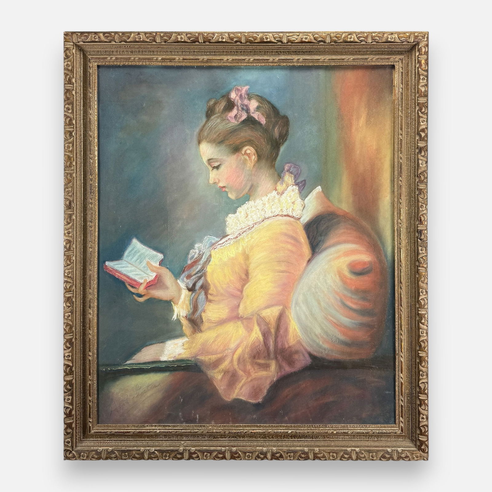 Artist Signed "A Young Girl Reading" Very Large Framed Pastel Painting (1 of 5)