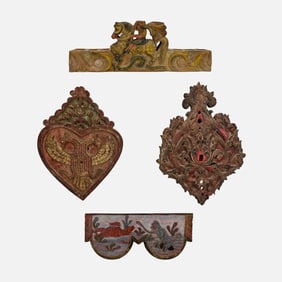 Four Antique 19thC Carved Wood 7 Polychrome Paint Decorated Italian Donkey Cart Crests