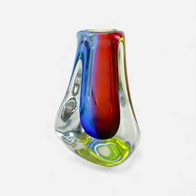 Paul Harrie Blue and Red Studio Art Glass Heavy Thick-Walled Vase