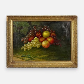19thC American Folk Art Gilt Framed Signed Still Life Grouping of Fruit Painting
