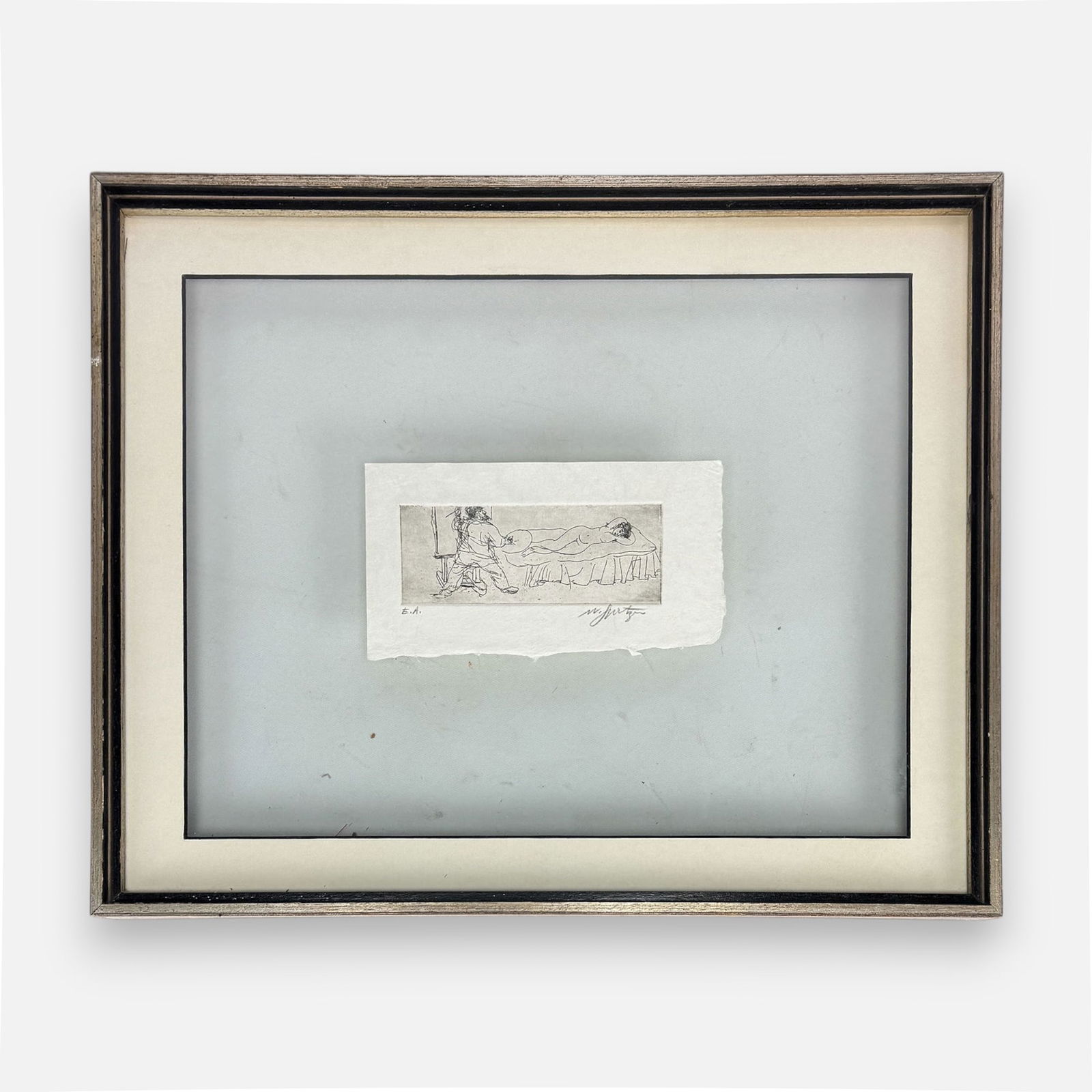 Artist Signed Print of an Artist Painting Nude Woman Artist Proof Framed: Ca. last quarter 20thC. Float mounted under glass. Illegibly signed in pencil lower left, "E.A." lower left. Very good as shown. Approx. sheet size 4" x 8".For shipping, we highly recommend Donald Cam