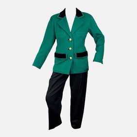 Vintage YSL Yves Saint Laurent Green and Black Detail Two-Piece Pants Suit