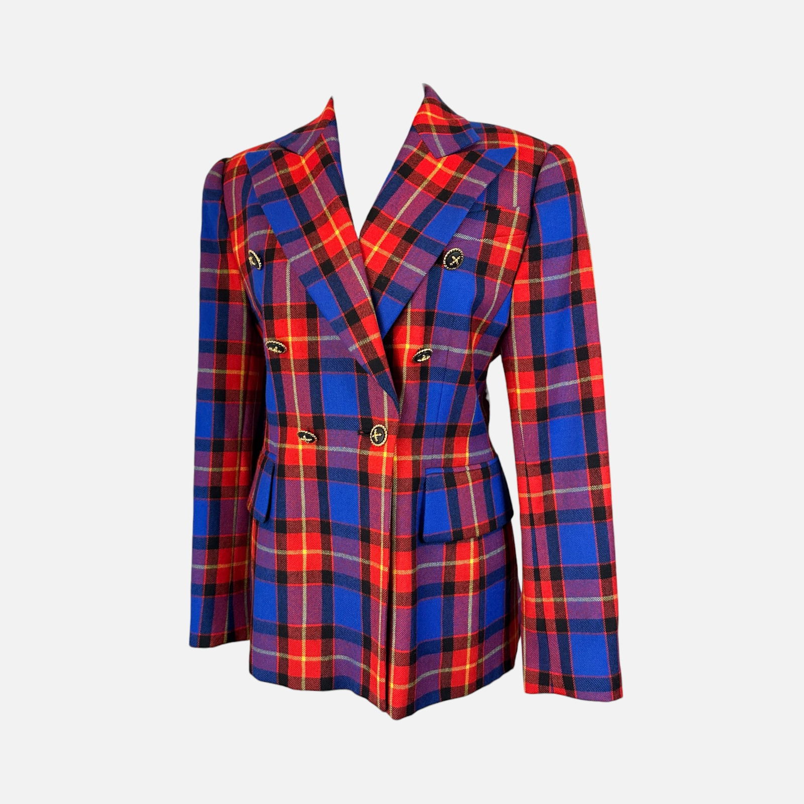 Vintage Escada Red and Blue Plaid Blazer: Made in Germany. Very good condition. Double-breasted jacket with statement buttons. Fabric Content: 100% New Wool. Top measures 28 inches long, 17.5 inches at the waist, 19 inches at the bust, and 18