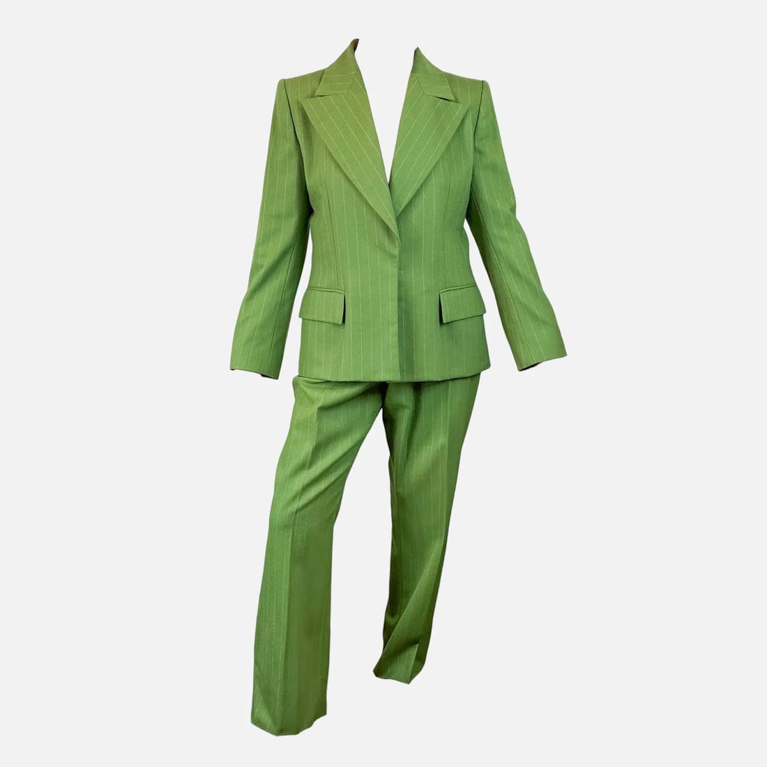 Vintage YSL Yves Saint Laurent Chartreuse Green Pinstripe Three-Piece Suit: Blazer, Skirt, and Pants (1 of 4)