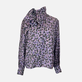 Vintage YSL Yves Saint Laurent Painterly Abstract Gray, Purple, and Pink Patterned Blouse with Bow
