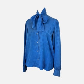 Vintage YSL Yves Saint Laurent Blue Jacquard Silk Blouse with Bow