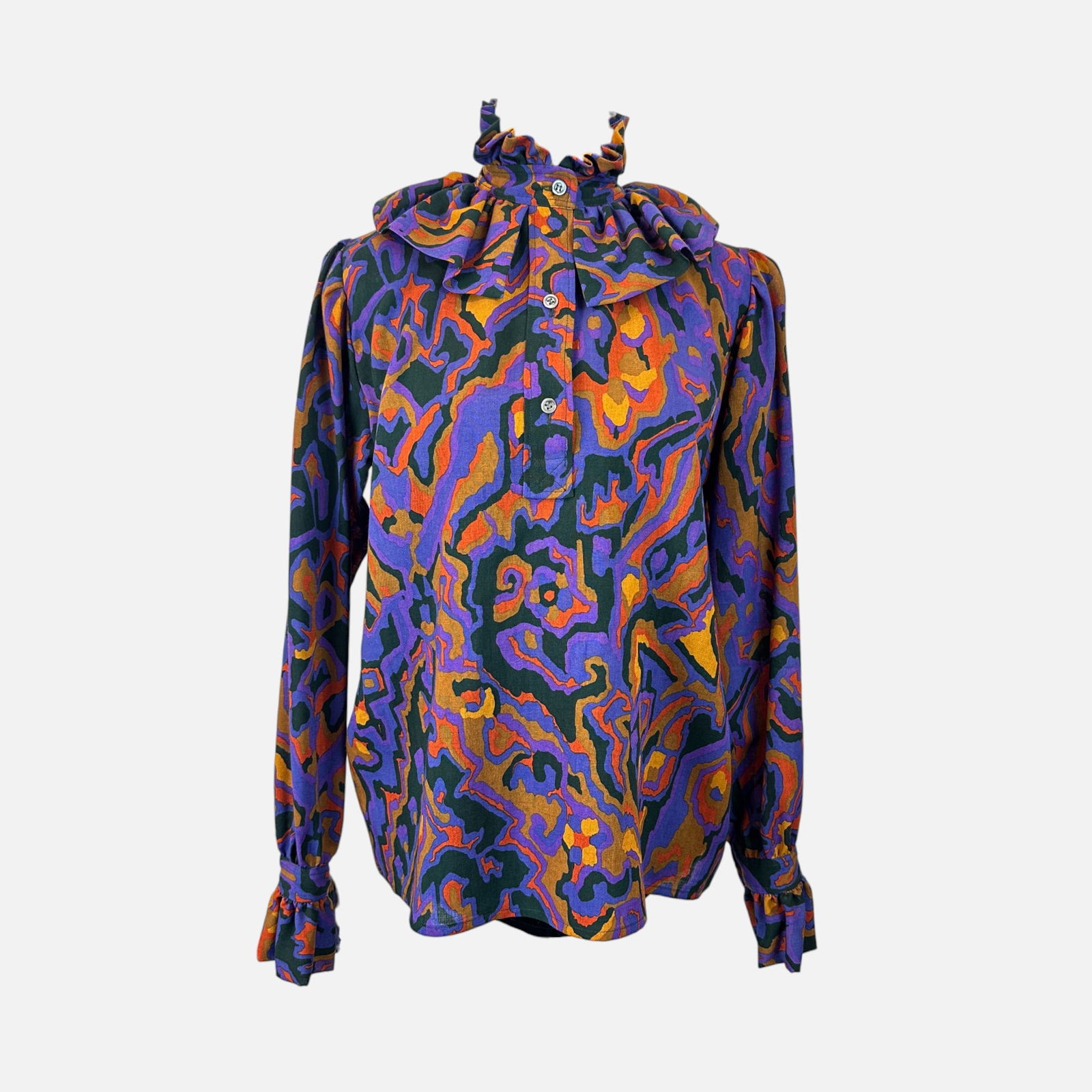 Vintage YSL Yves Saint Laurent Abstract Purple and Orange Ruffleneck Blouse: Rive Gauche, made in France. Very good condition. Long sleeve with mock neck. Fabric tag is missing. Top measures 25 inches long, 21 inches at the waist, 21 inches at the bust, and 15.5 inches at the