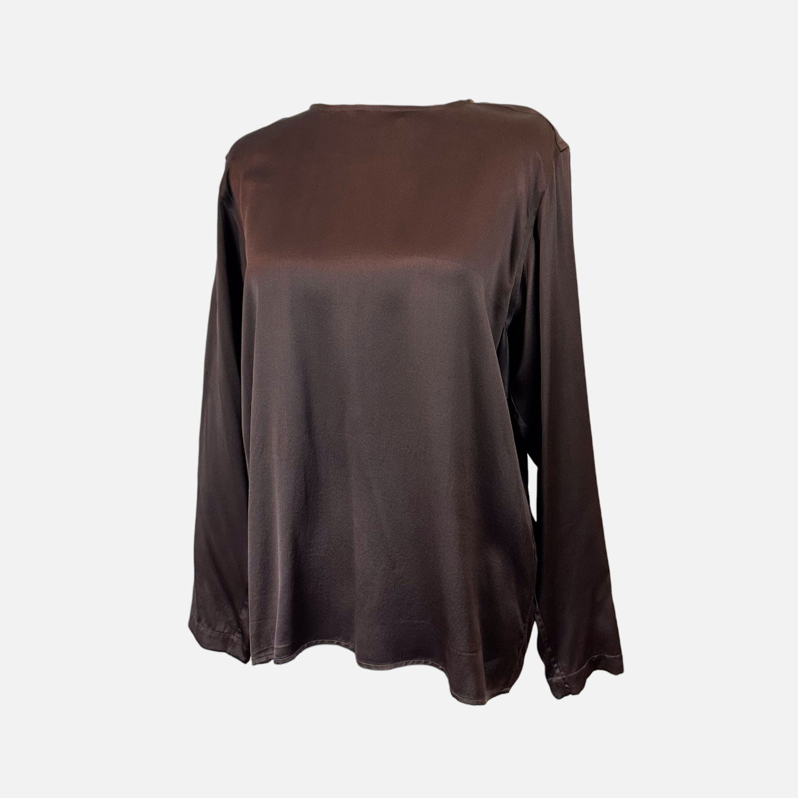 Vintage YSL Yves Saint Laurent Chocolate Brown Silk Blouse: Rive Gauche, made in France. Very good condition. Bateau neckline, long sleeve. Fabric Content: 100% Silk. Top measures 21.75 inches long, 20 inches at the waist, 20 inches at the bust, and 15 inches
