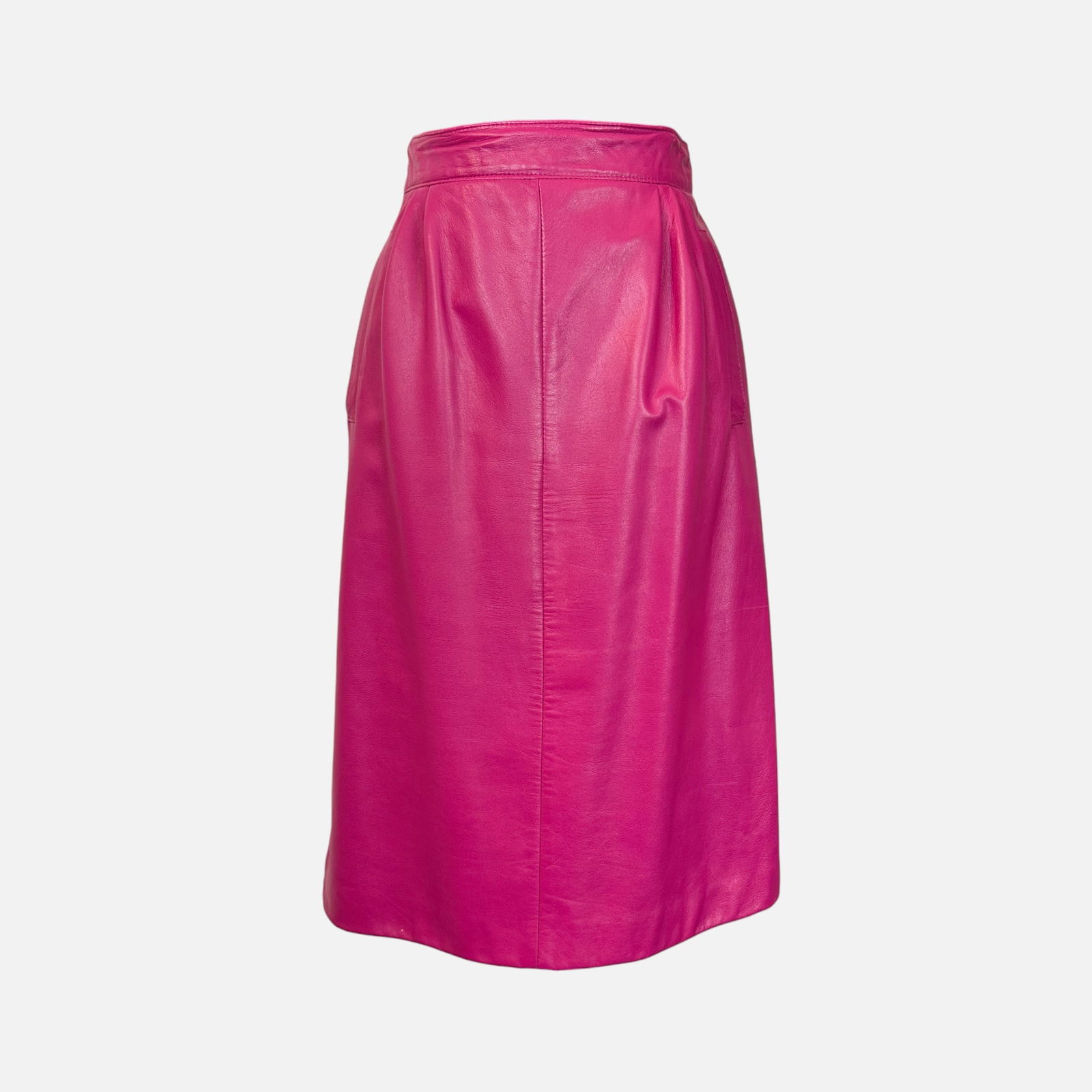 Vintage Christian Dior Fuschia Leather Pencil Skirt: Boutique Cuirs, made in France. Very good condition, statement piece. 100% Leather. Skirt measures 25.5 inches long, 14 inches at the waist, 18 inches at the hips.For shipping, we highly recommend Don