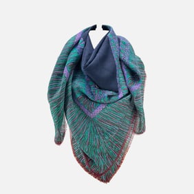 Vintage Chanel Large Green and Blue Wool and Silk Scarf