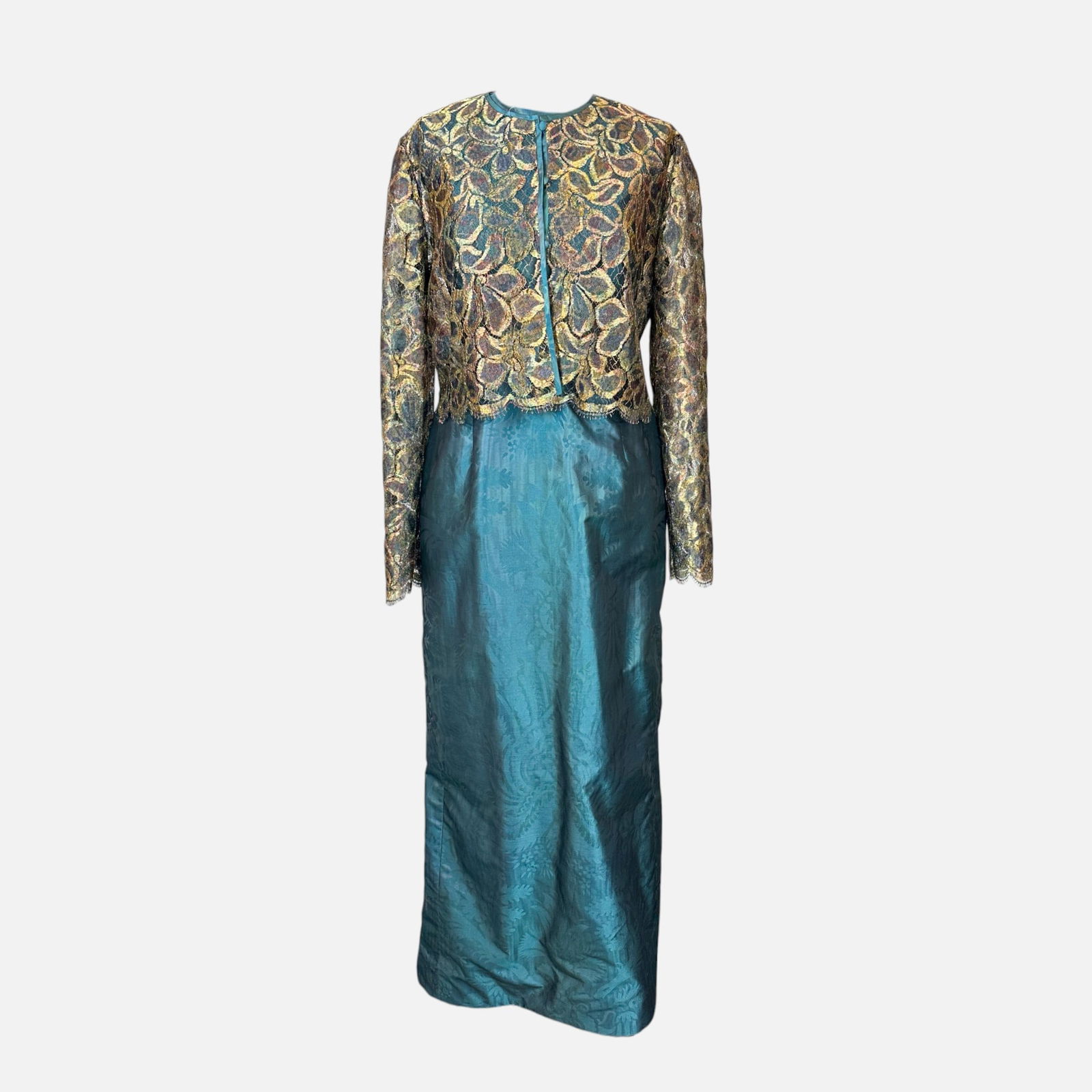 Vintage Darby Scott Teal Jacquard Silk Taffeta Gown with Gold Lace Jacket (1 of 6)