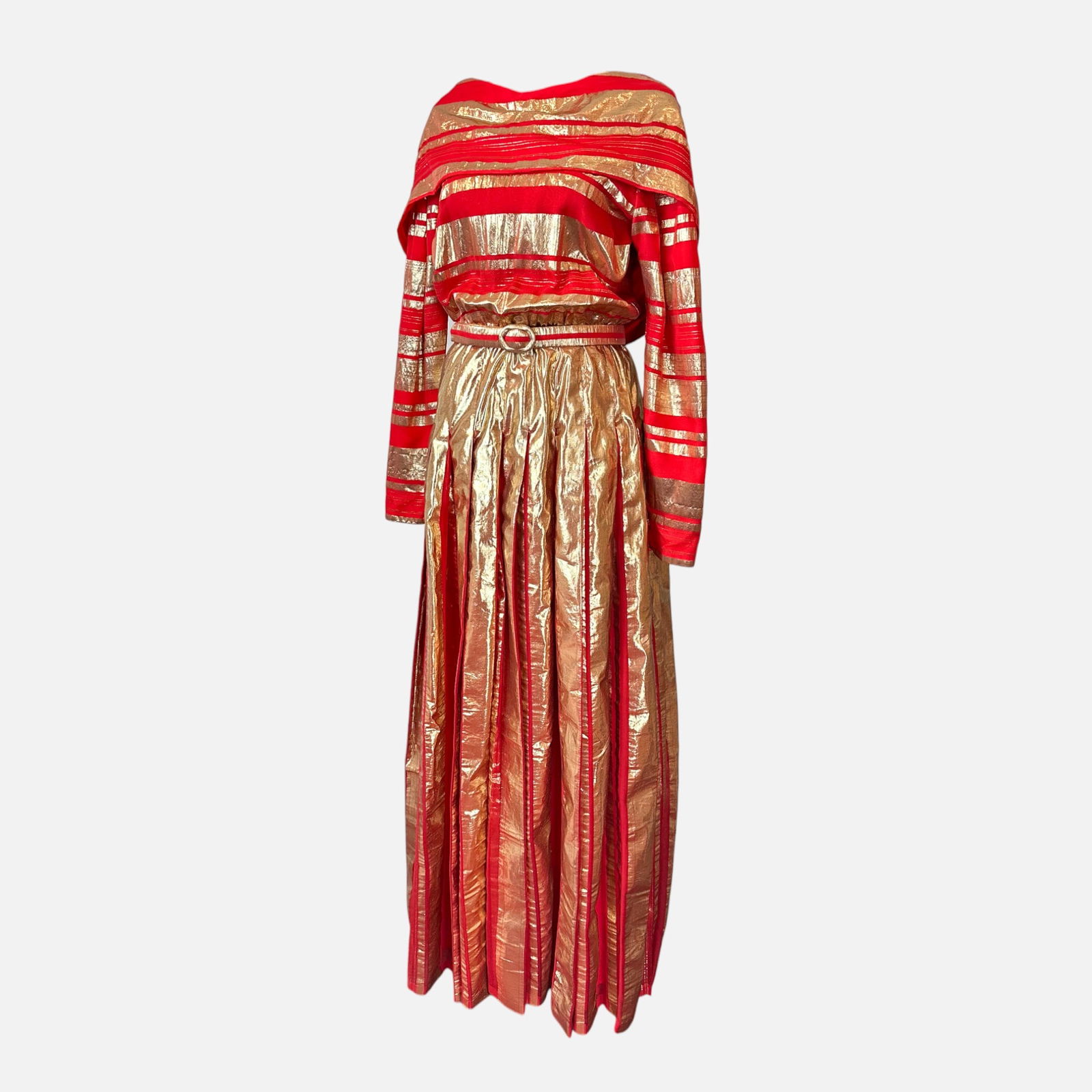 Vintage Unbranded Red Silk and Gold Lame Gown with Coordinating Belt: Spectacular fabric, possibly custom-made. Very good condition. Fabric Content: Silk and Lame. Measures 56 inches long, 14 nches at the waist, 17 inches at the bust, 19 inches at the hips, and 16 inche
