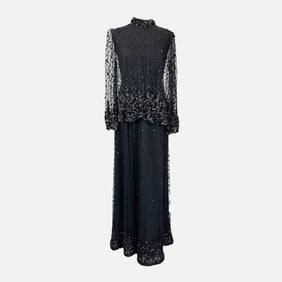 Vintage Unbranded Black Sequin Gown with Sheer Overshirt