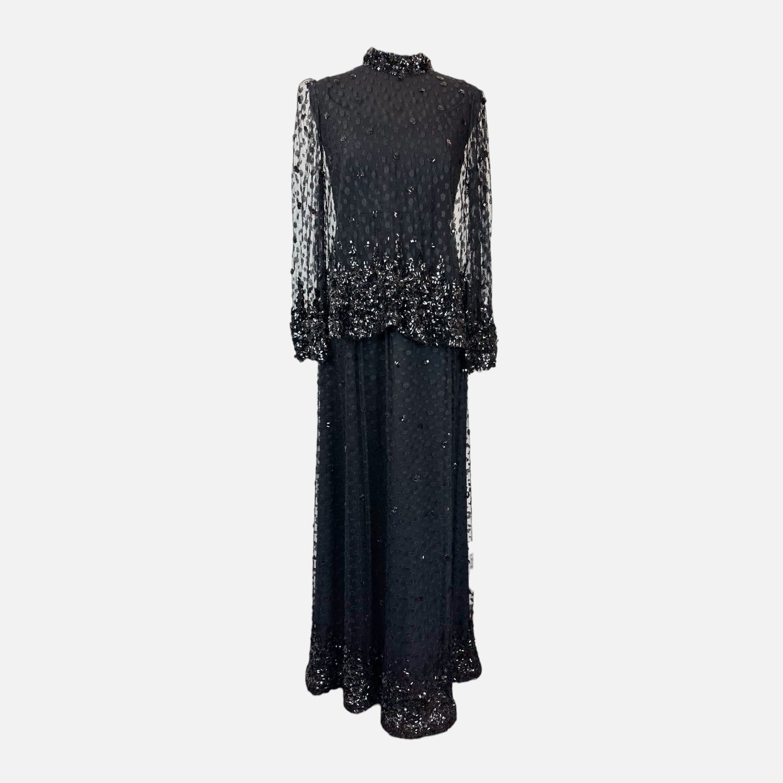 Vintage Unbranded Black Sequin Gown with Sheer Overshirt (1 of 4)