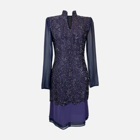 Vintage Mirella Cavorso Roma Purple Beaded Silk Dress with Sheer Sleeves