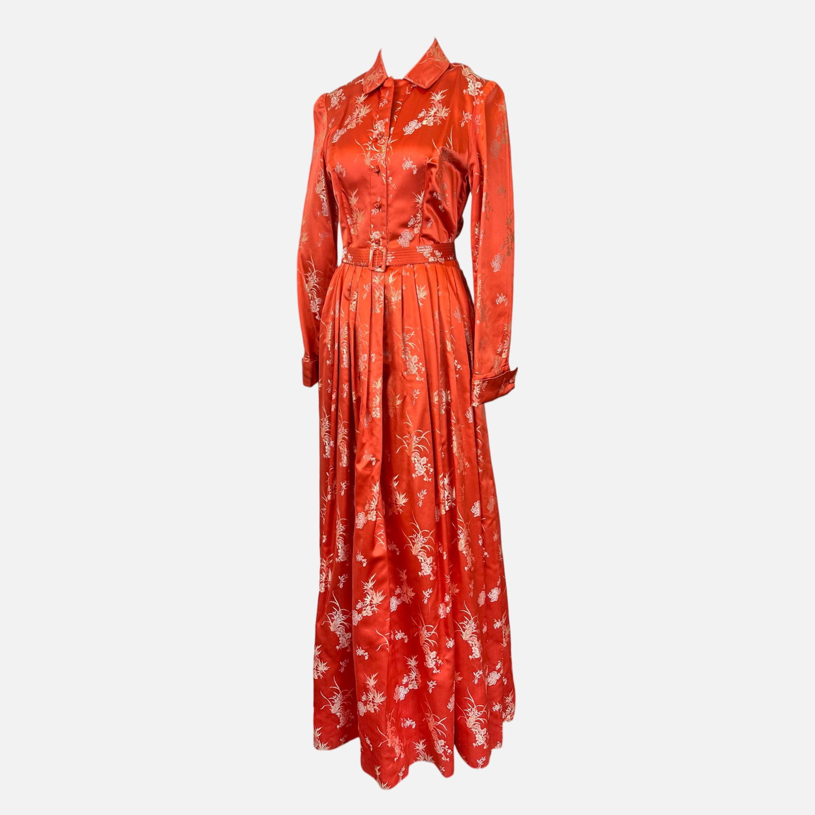 Vintage Ingeborg Orange Silk Brocade Shirt-Style Gown with Coordinating Belt: Japanese fashion brand INGEBORG. Very good condition, see photo for one small mark. Fabric Content: Silk. Measures 59.5 inches long, 13.5 inches at the waist, 15 inches at the bust, 21 inches at the h