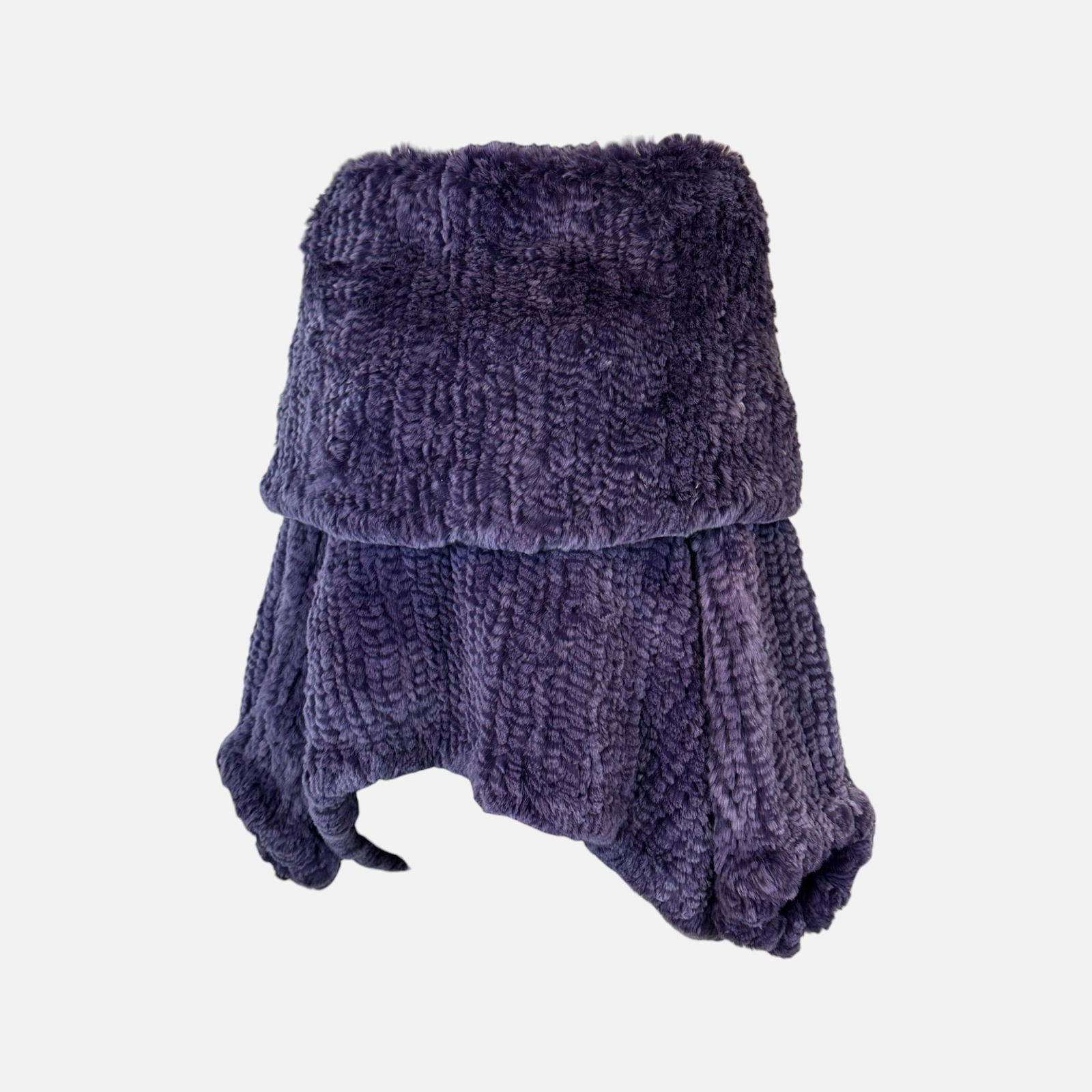 Vintage Grinvest Collection Deep Purple Rabbit Fur Sweater with Oversized Cowl Neck: Very good condition. Fabric Content: Genuine Rex Rabbit Fur. Measures 21 inches long, 25 inches at the waist, 25 inches at the bust, and 18 inches at the shoulder. Size not shown.For shipping, we high