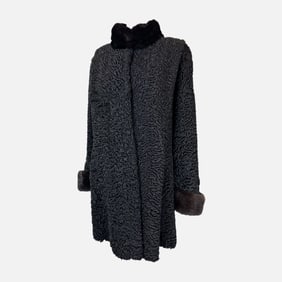 Vintage Unbranded Black Persian Lamb Fur Coat with Fur Collar and Cuffs