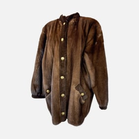 Vintage Larry Tate Brown Short Brown Fur Coat with Brass Buttons