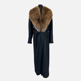 Vintage Regency Cashmere Black Cashmere Wrap Full-Length Coat with Brown Fur Shawl Collar