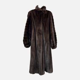 Vintage Edouard of Bruxelles Balloon-Sleeve Brown Full-Length Fur Coat with Statement Button