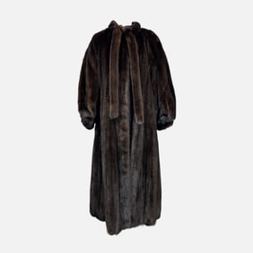 Vintage I.Magnin Full-Length Dark Brown Fur Coat with Balloon Sleeves and Tie at Neck