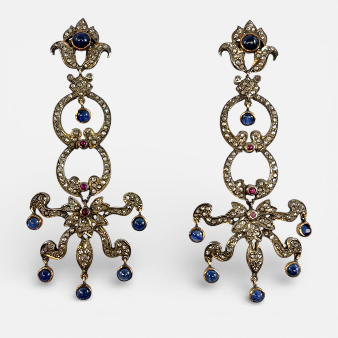 Antique 19thC Silver & Gold Diamond, Sapphire and Ruby Gemstone Chandelier Earrings (1 of 5)