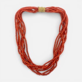 Mario Buccellati 18K Yello Gold, Coral Bead & Diamond Multi-Strand Choker Necklace